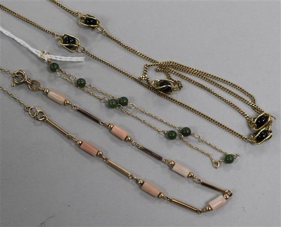 A 9ct gold and coral bracelet, a jade bead set bracelet and a necklace